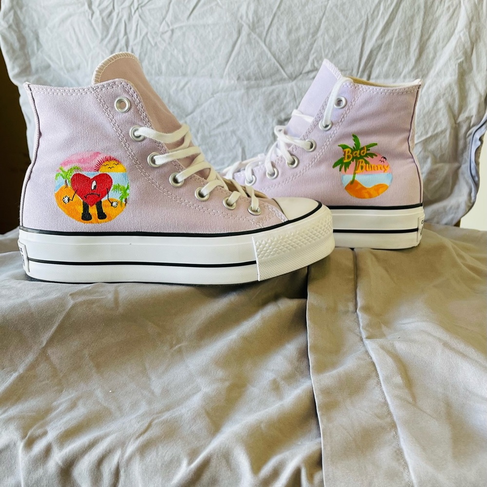Converse - High- Top - Customized hand painted BAD BUNNY shoes - Lavender